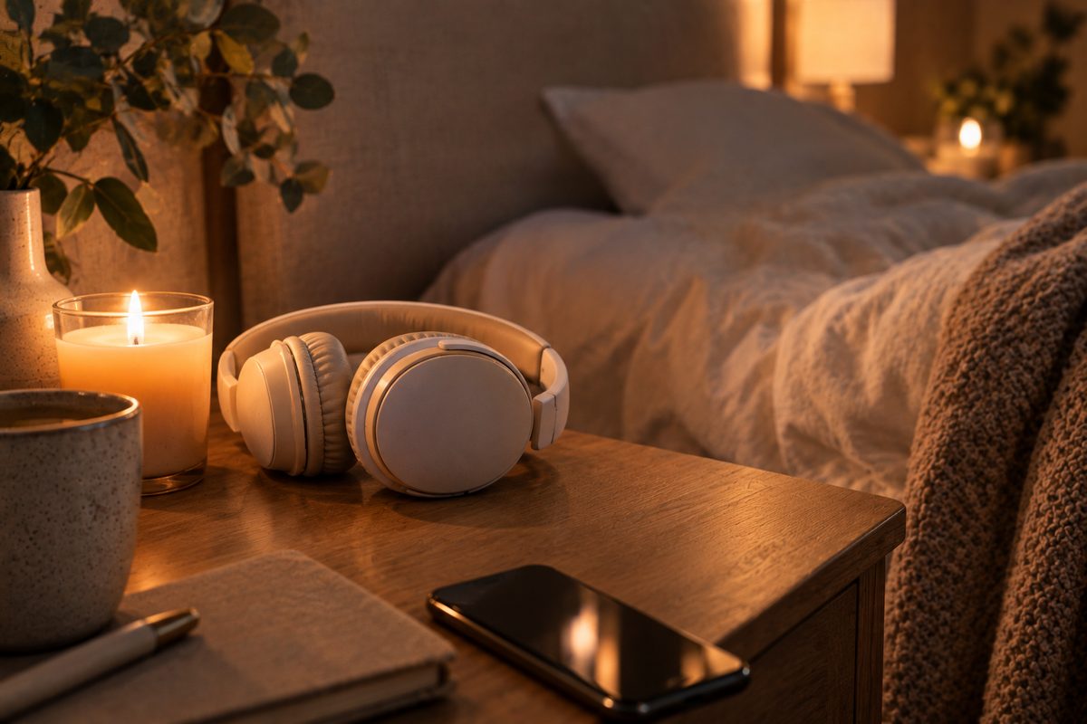 Comodino illuminato da una candela con cuffie, tazza e quaderno accanto a un letto preparato per la notte