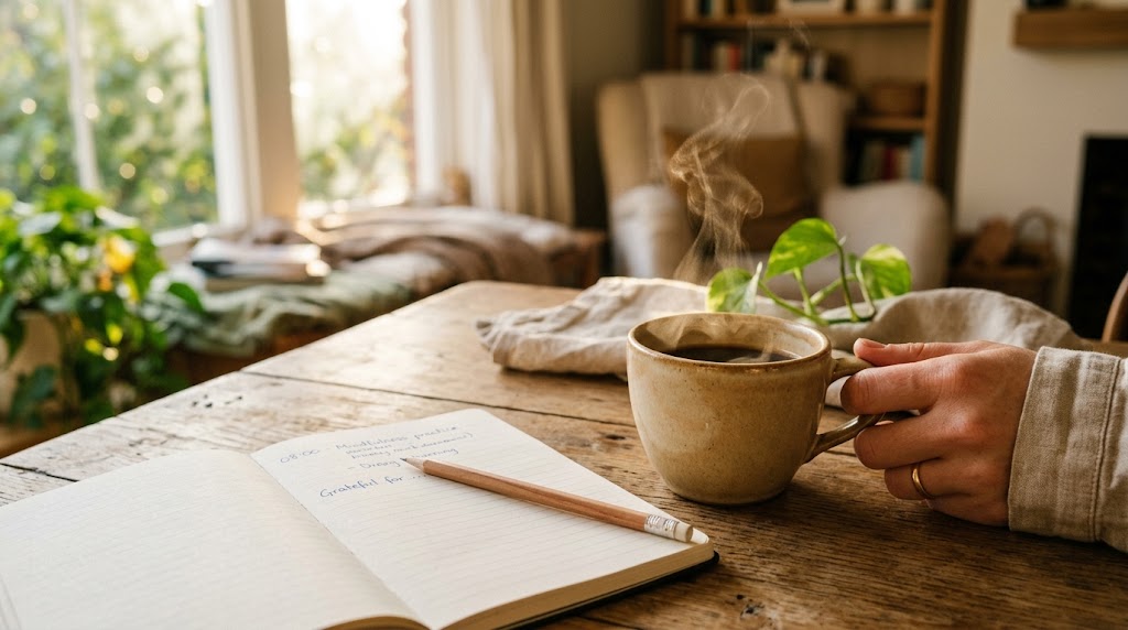 Mindfulness per principianti: una tazza di caffè e un diario aperto sul tavolo, il momento della giornata a cui agganciare la pratica