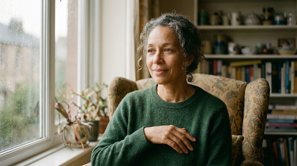 Donna seduta in poltrona accanto a una finestra, una mano sul cuore, mentre pratica la meditazione della gentilezza amorevole