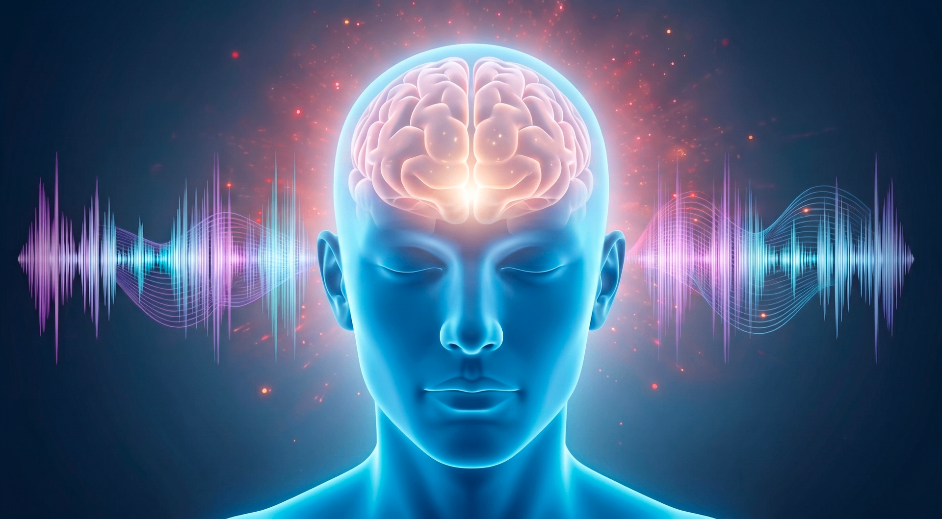 Cervello attivo con raggi di luce che simboleggiano l'attenzione focalizzata
