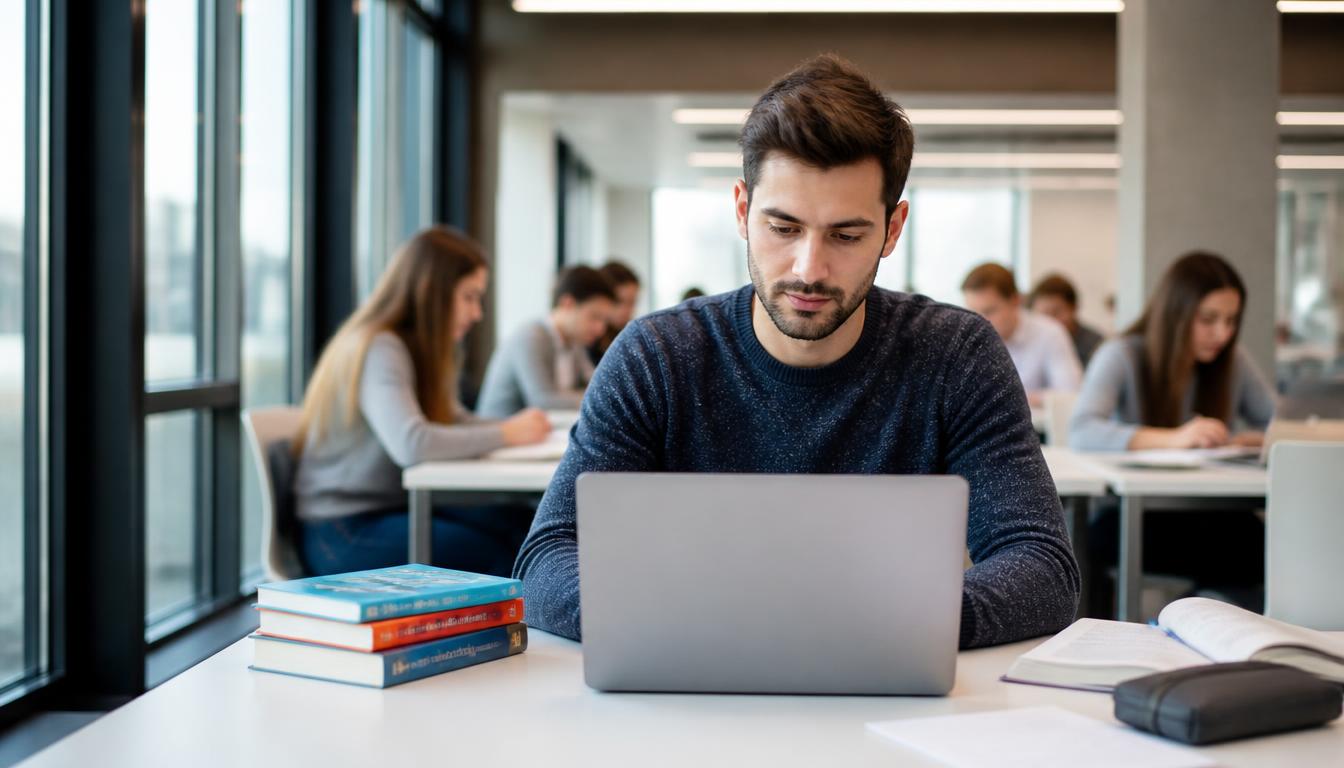 Studente di circa 30 anni concentrato in una sala studio universitaria luminosa e moderna