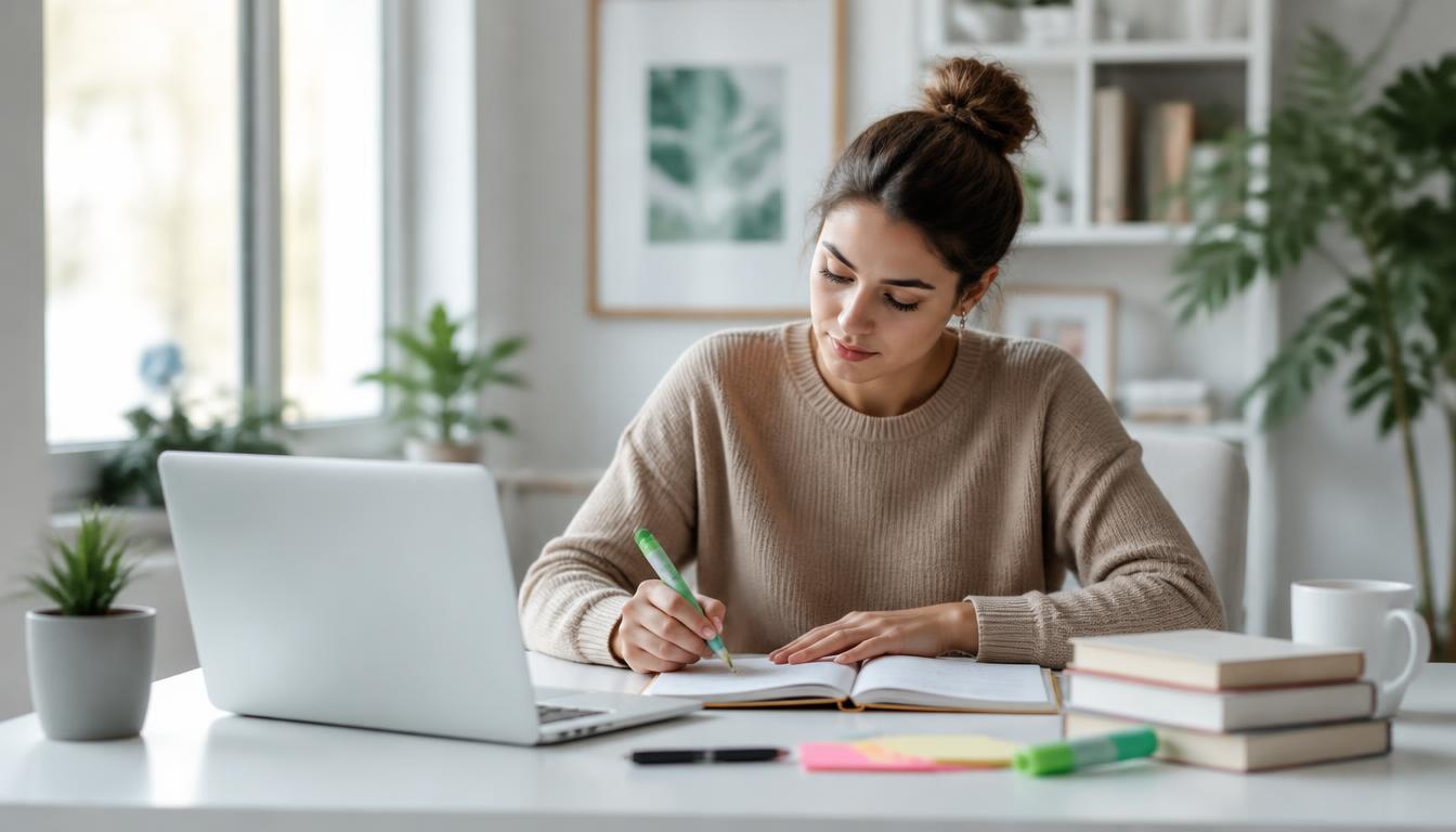 Studentessa di circa 30 anni che studia concentrata in un'aula studio luminosa e moderna