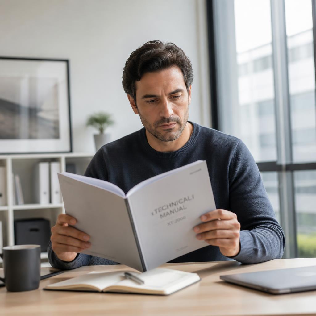 Professionista di circa 40 anni in uno studio luminoso e moderno che studia un manuale tecnico