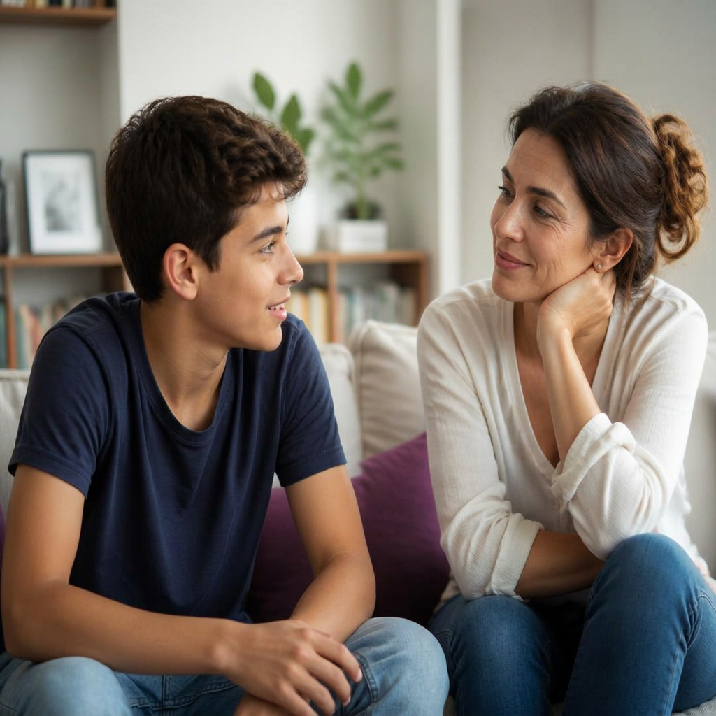 Madre e figlio adolescente in una conversazione serena