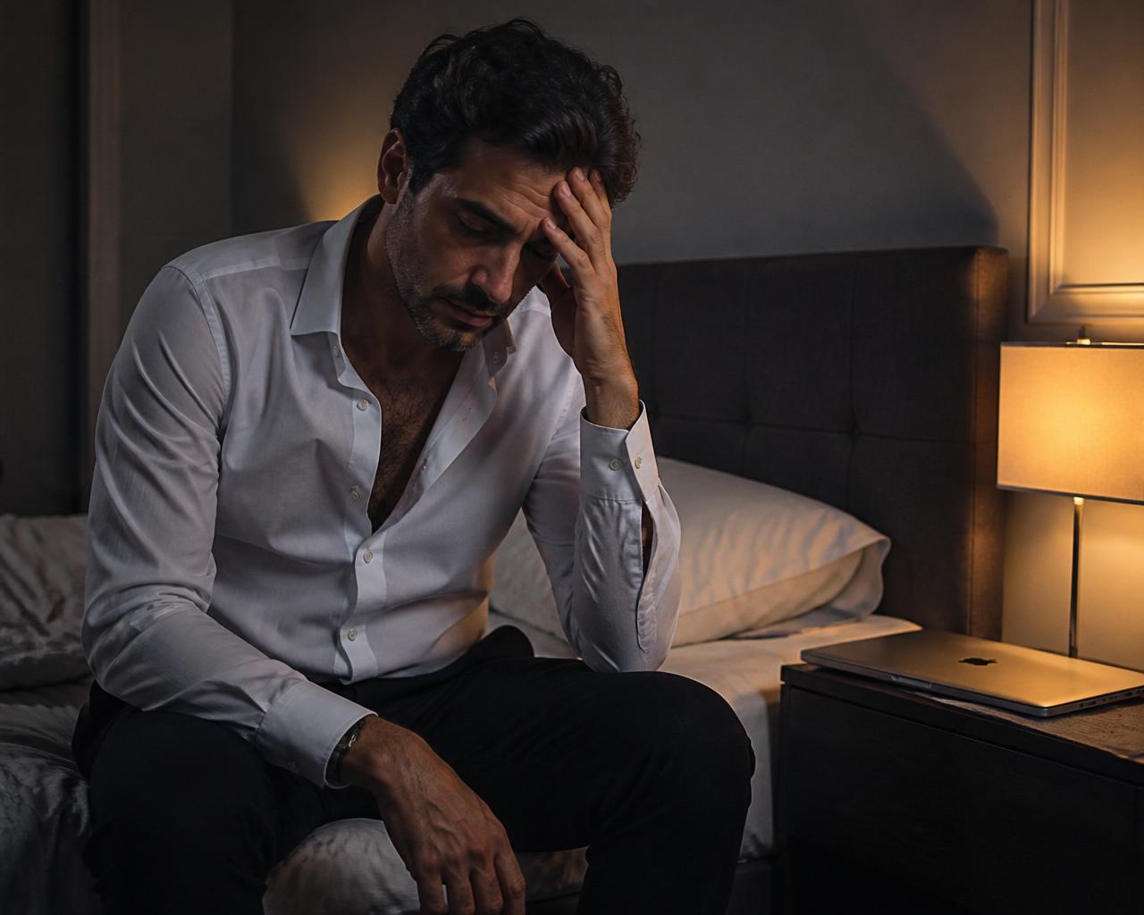 Uomo insonne seduto sul letto di notte